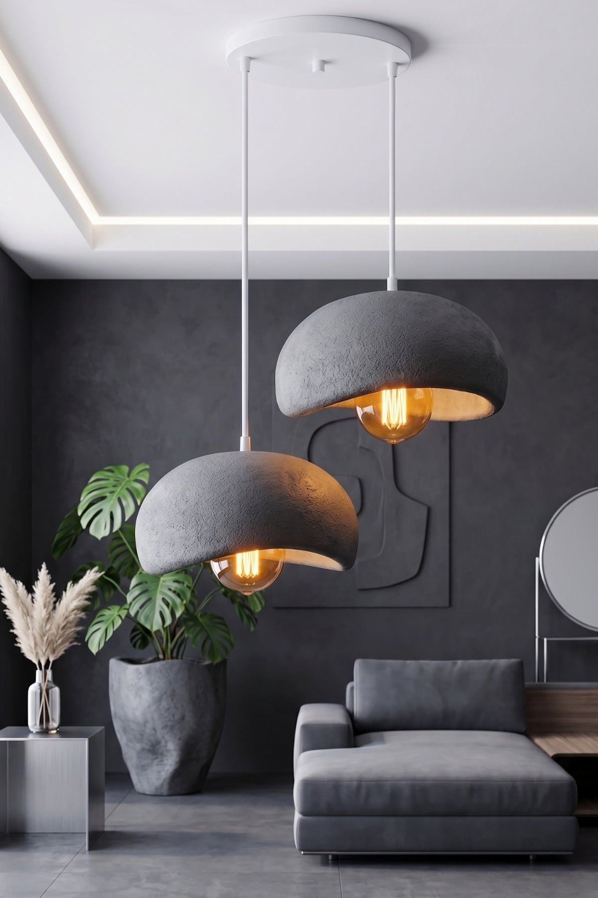 2'li Beton Görünümlü Avize 30x18 cm PLA Modern Aydınlatma ve Şık Dekoratif Sarkıt
