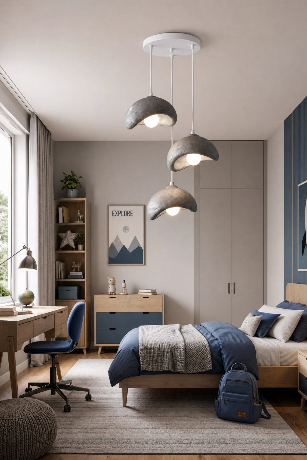 Beton Görünümlü 3 lü Dekoratif Sarkıt Avize 30x22 cm PLA Modern Ev Aydınlatması