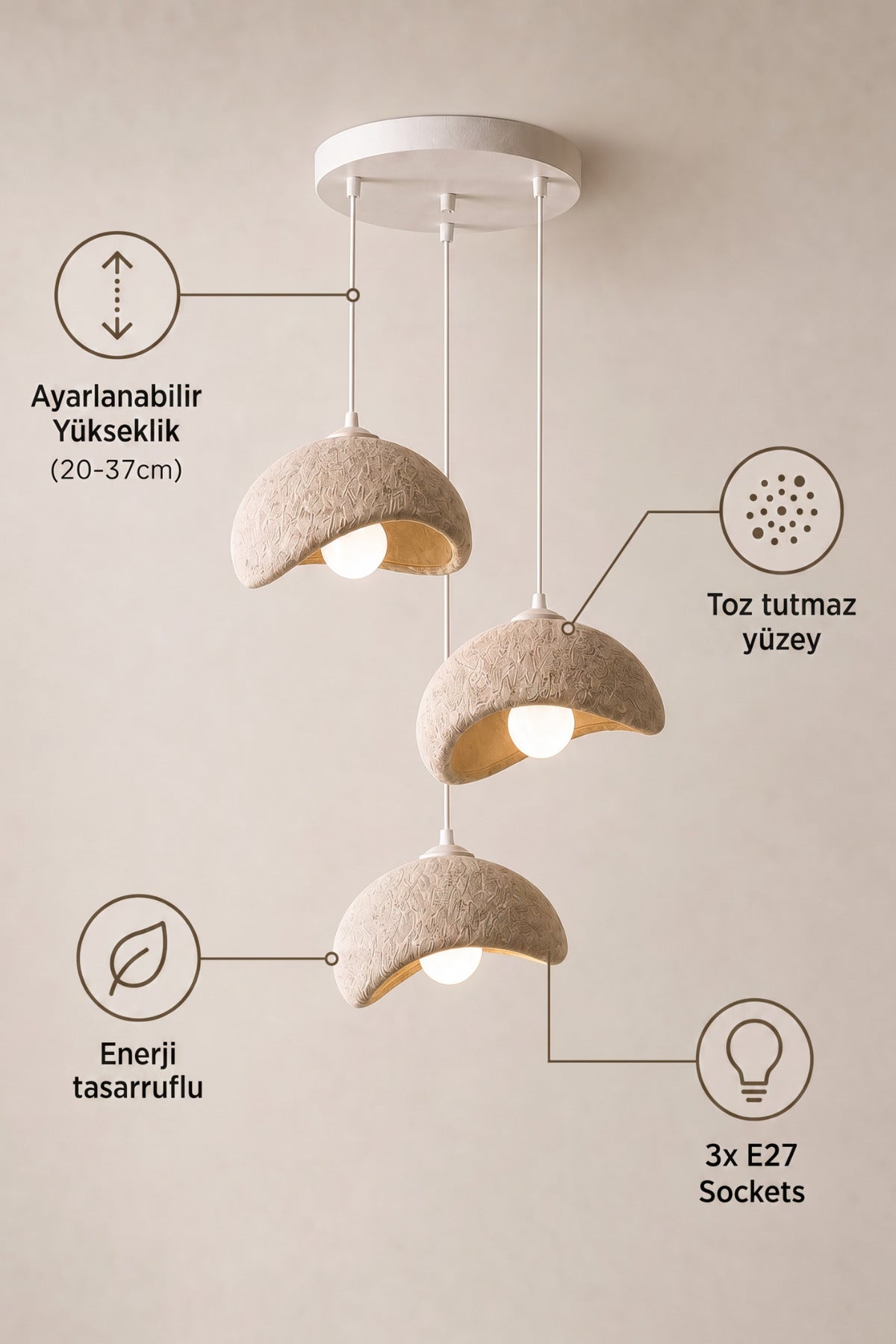 Beton Görünümlü 3'lü Sarkıt Avize 30x22cm Plastik Loft İskandinav Bohem Ayarlanabilir Yükseklik Toz Tutmaz A Sınıfı