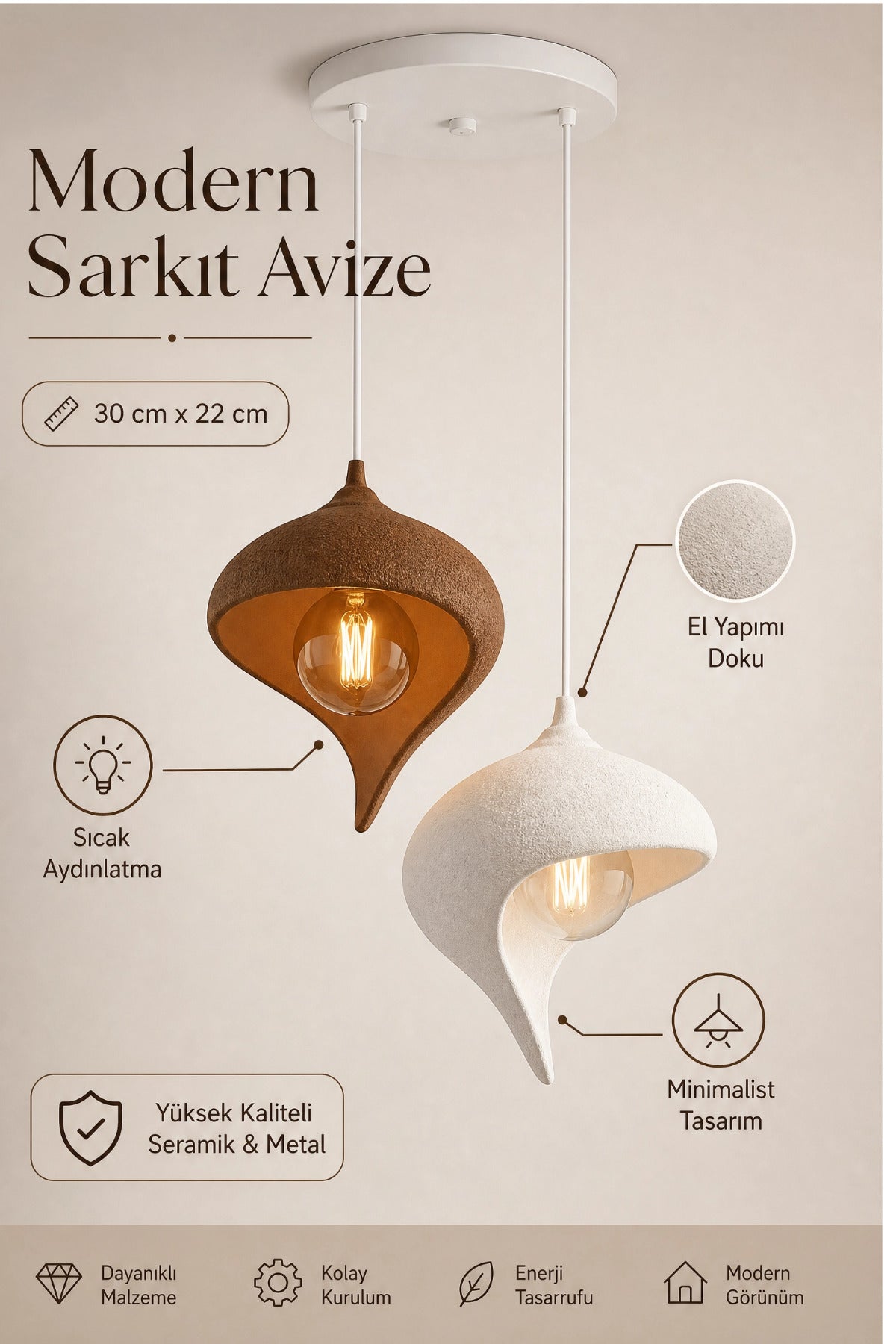 Modern Damla Formlu İkili Sarkıt Avize 30x22 cm Dekoratif Tasarım Salon ve Yatak Odası Aydınlatması