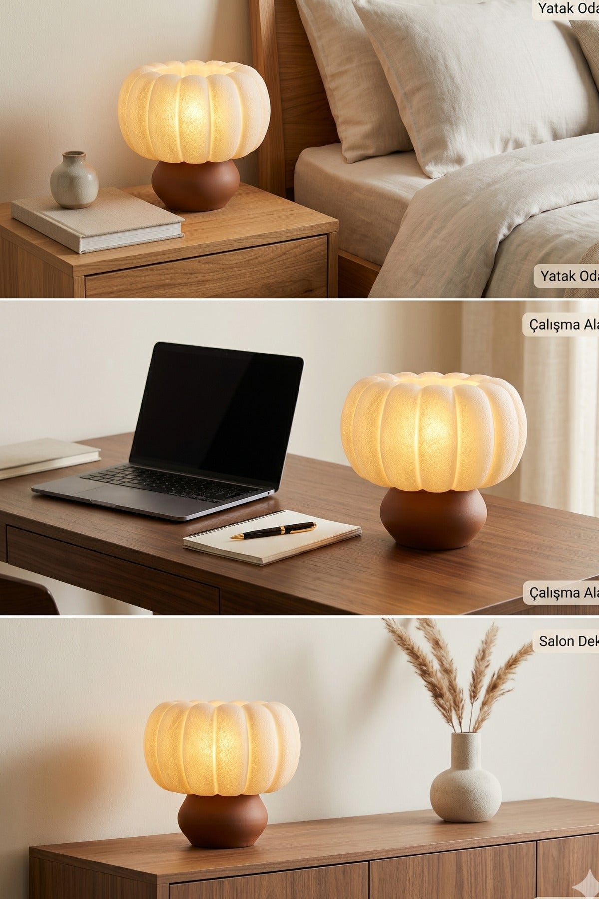 Balkabağı Dokulu Modern Abajur 24cm Yükseklik 24cm Çap Koyu Kahverengi Tabanlı Dekoratif Masa Lambası
