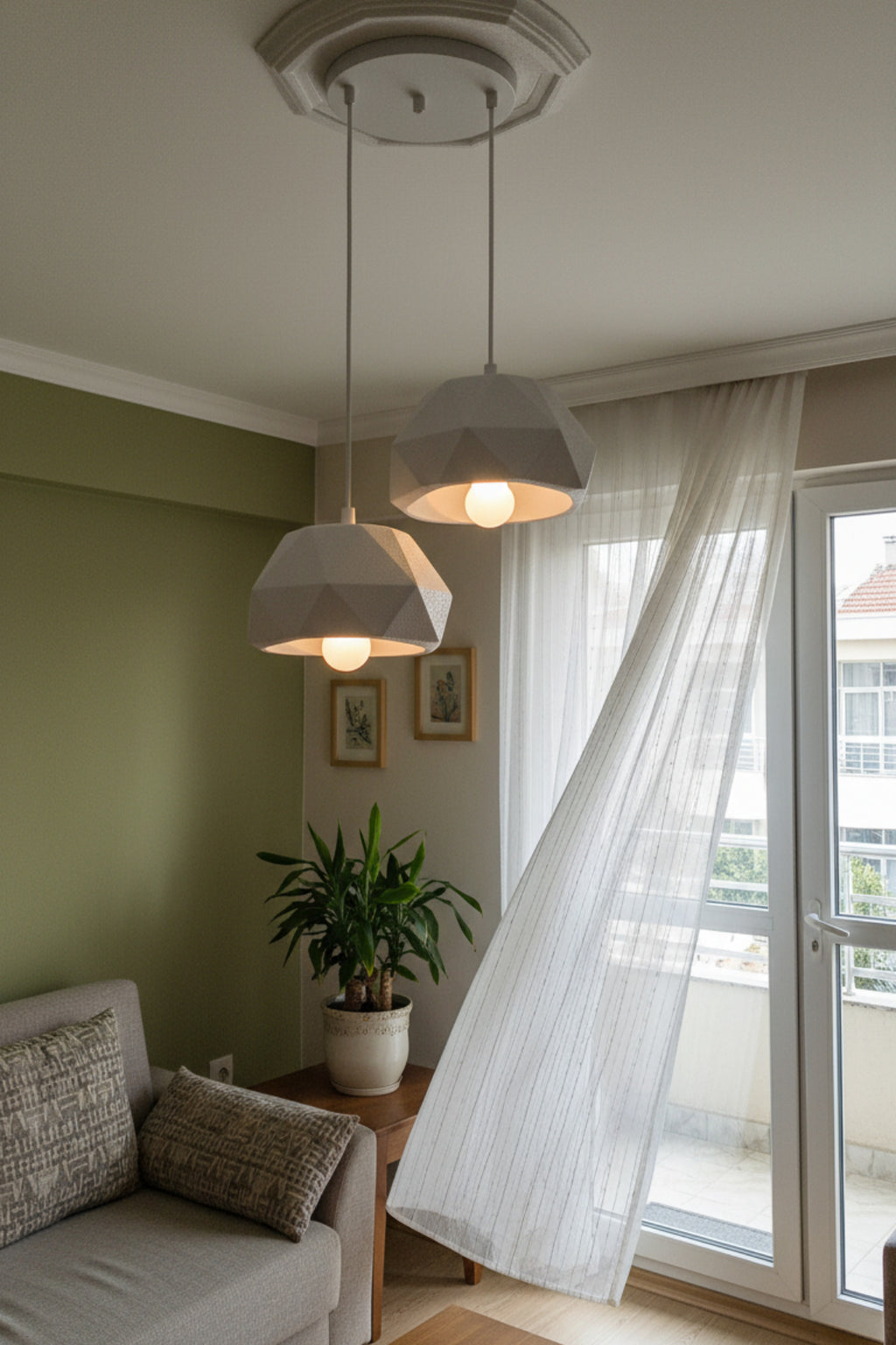 Beyaz 2 Li Geometrik Avize Salon PLA Dayanıklı Dekoratif Sarkıt Aydınlatma Ayarlanabilir Kablo