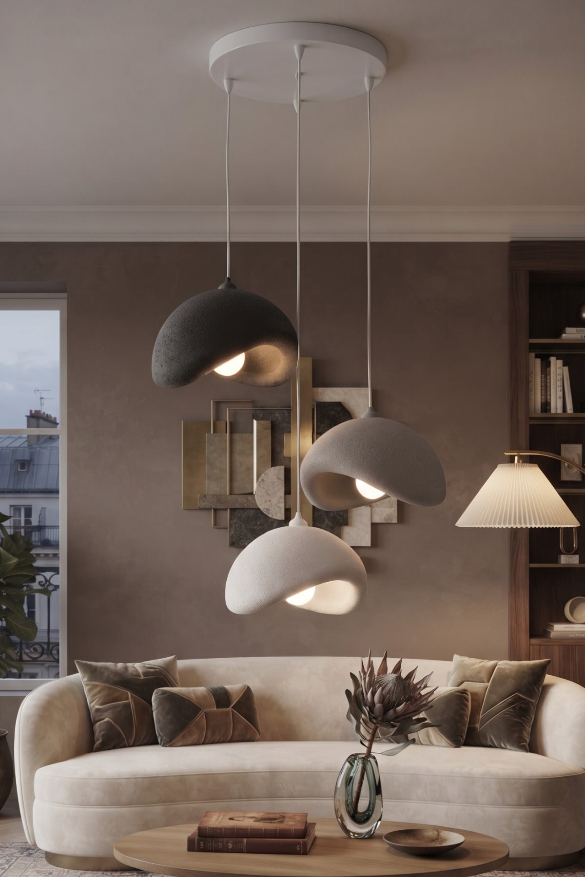 Beton Görünümlü 3’lü Sarkıt Avize Ayarlanabilir Boy PLA Modern Dekoratif Aydınlatma