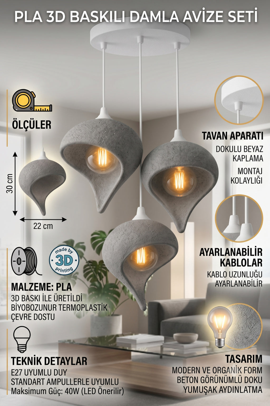 Beton Görünümlü Damla 3'lü Avize 30x22cm PLA Modern Sarkıt Ayarlanabilir Avize