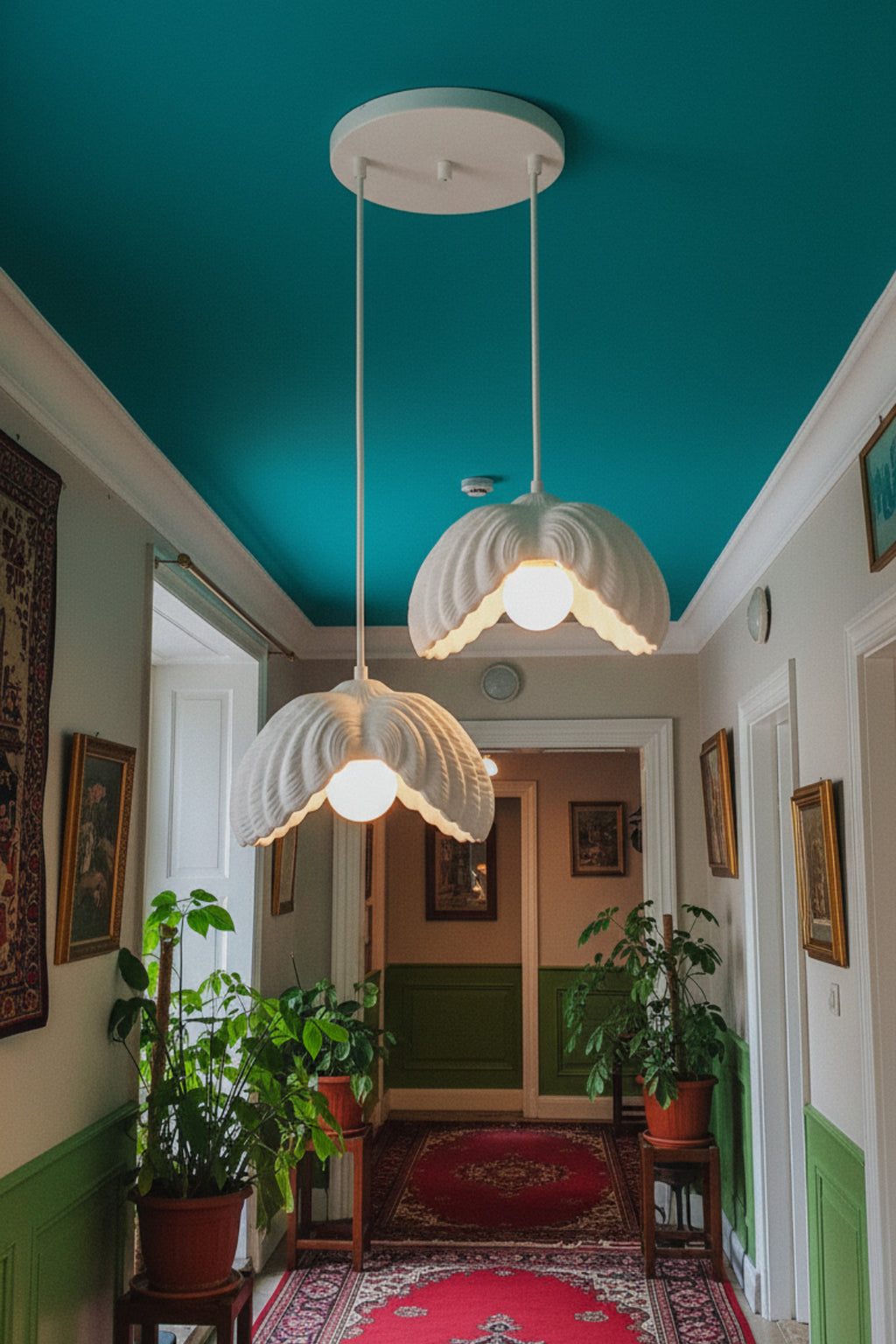 Beyaz 2 Li Lotus Formlu Avize Salon PLA Dayanıklı Sarkıt Aydınlatma Ayarlanabilir Kablo