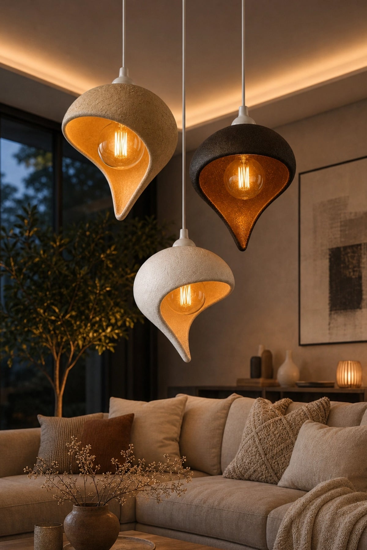 Beton Görünümlü 3’lü Damla Sarkıt Avize 30x22cm Plastik Loft İskandinav Bohem Ayarlanabilir Yükseklik Toz Tutmaz A Sınıfı (Krem, Beyaz, Siyah)