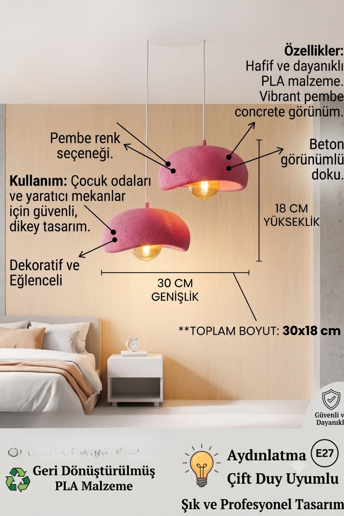 2'li Beton Görünümlü Avize 30x18 cm PLA Modern Aydınlatma ve Şık Dekoratif Sarkıt