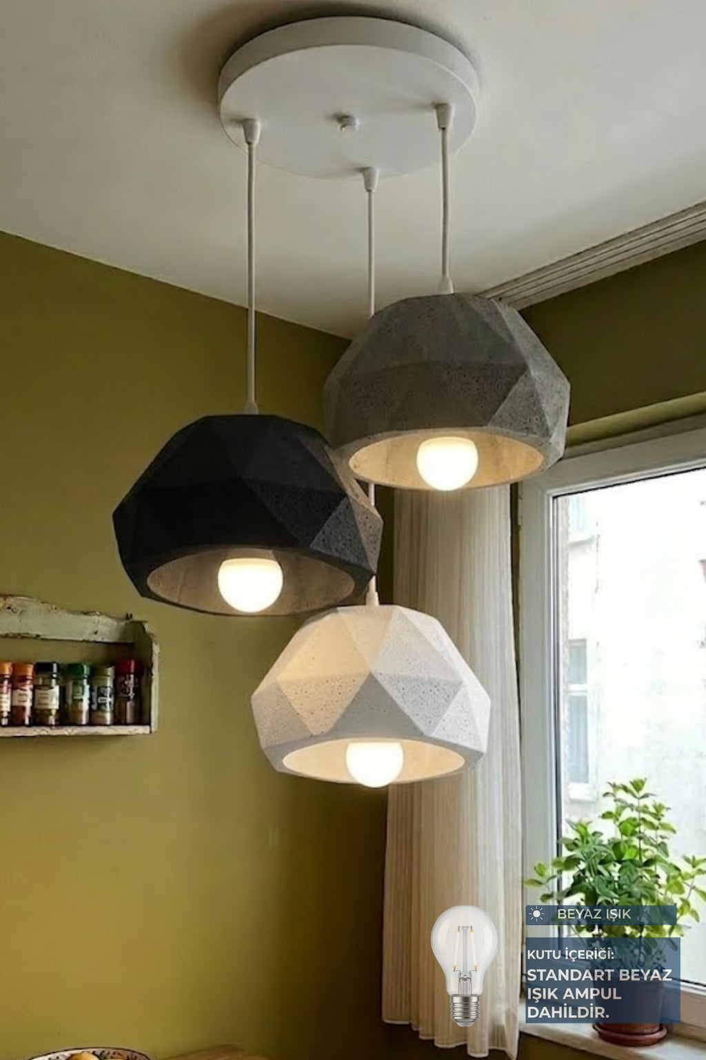 Siyah & Gri 3 Lü Geometrik Avize Salon PLA Dayanıklı Dekoratif Sarkıt Aydınlatma Ayarlanabilir Kablo
