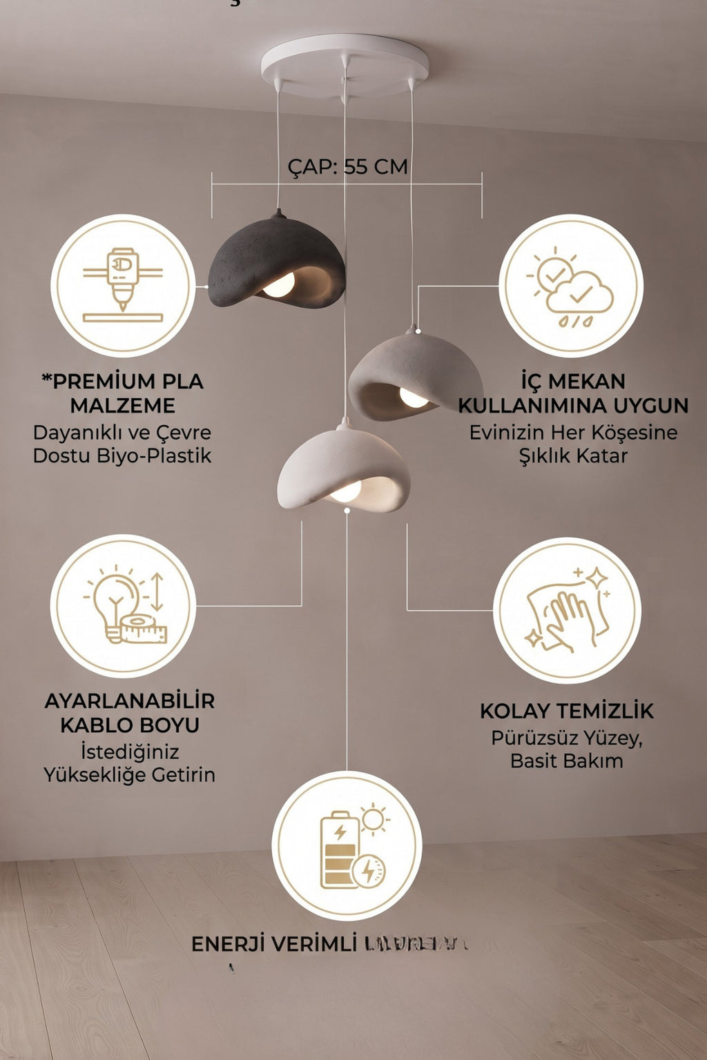 Beton Görünümlü 3’lü Sarkıt Avize Ayarlanabilir Boy PLA Modern Dekoratif Aydınlatma