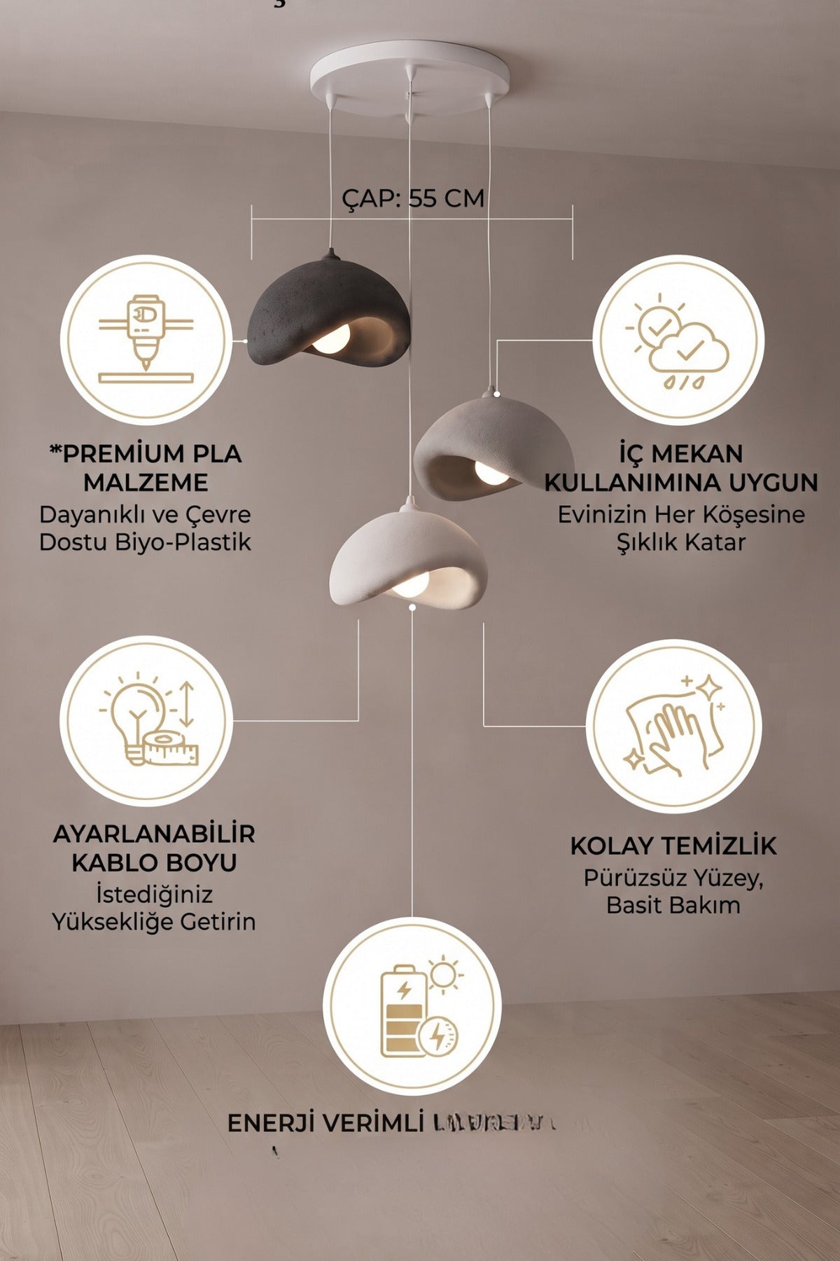 Beton Görünümlü 3’lü Sarkıt Avize Ayarlanabilir Boy PLA Modern Dekoratif Aydınlatma