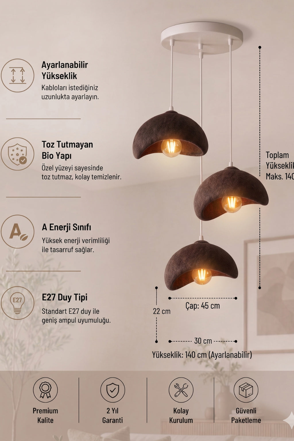 Beton Görünümlü 3 lü Dekoratif Sarkıt Avize 30x22 cm PLA Modern Ev Aydınlatması