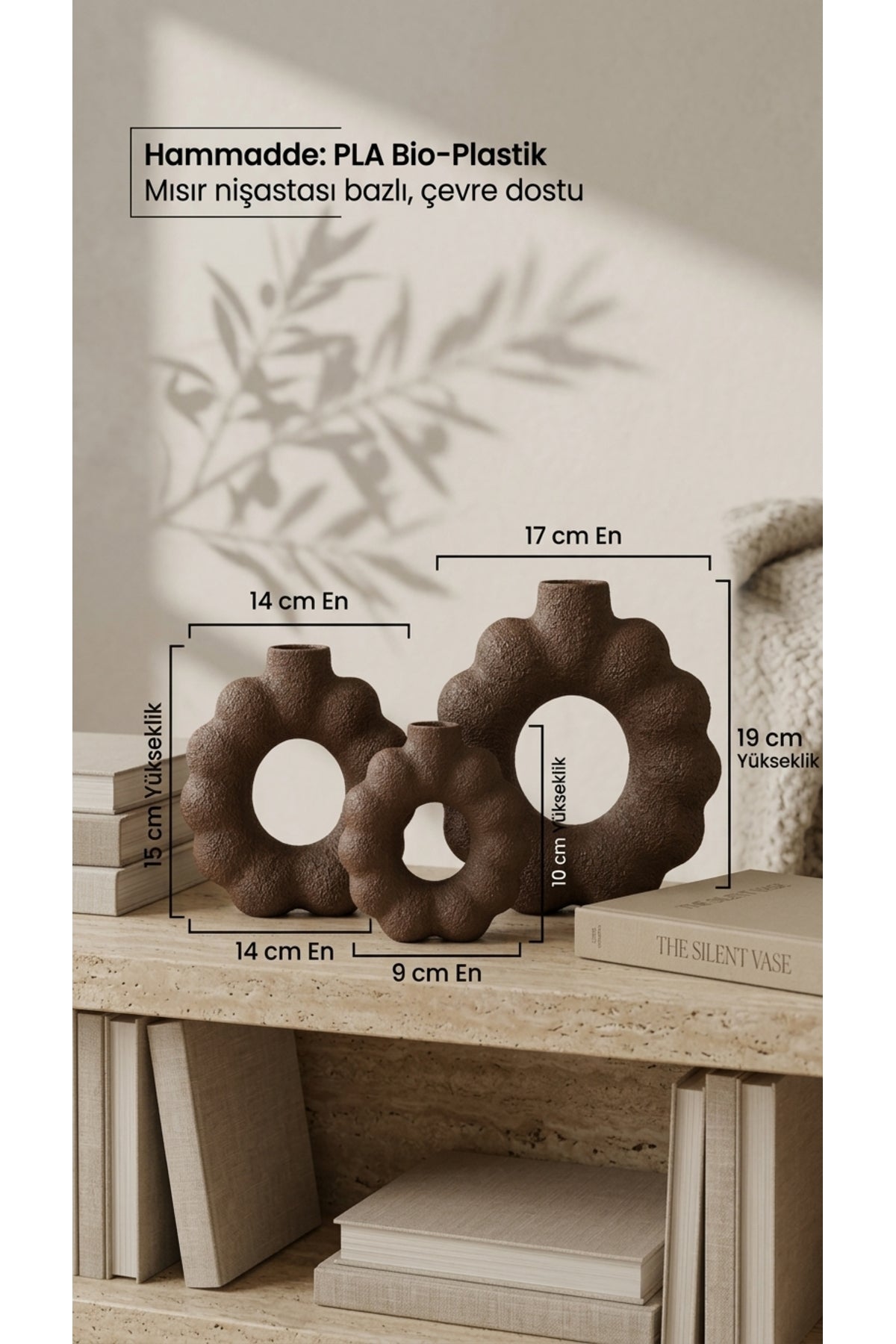 Dalgalı Donut Tasarım 3'lü Dekoratif Vazo Seti 10-15-19 cm PLA Bio-Plastik Kuru Çiçeklik ve Modern Masa Konsol Dekoru - Görsel 3