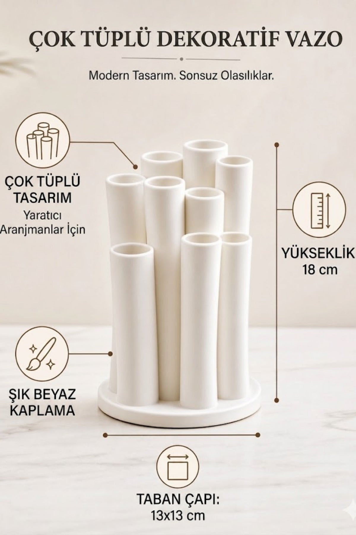 Beyaz Modern Çoklu Boru Tasarımlı Dekoratif Vazo 13x13x18cm Şık Çiçeklik Ev Ofis Dekorasyonu