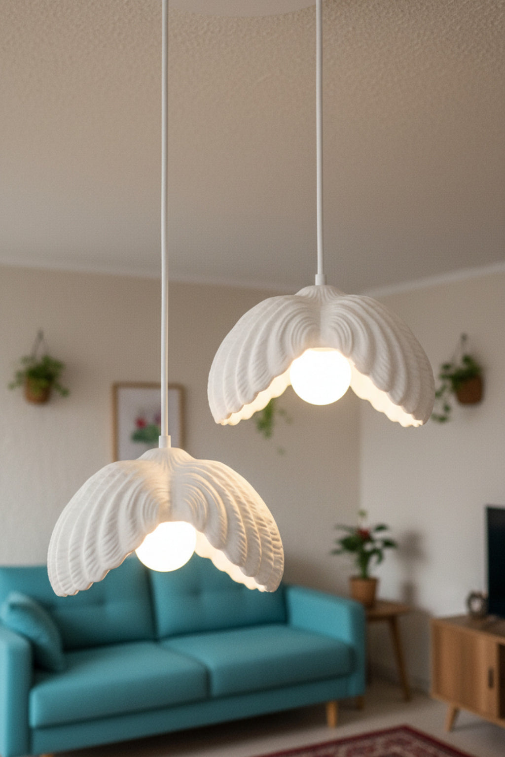 Beyaz 2 Li Lotus Formlu Avize Salon PLA Dayanıklı Sarkıt Aydınlatma Ayarlanabilir Kablo