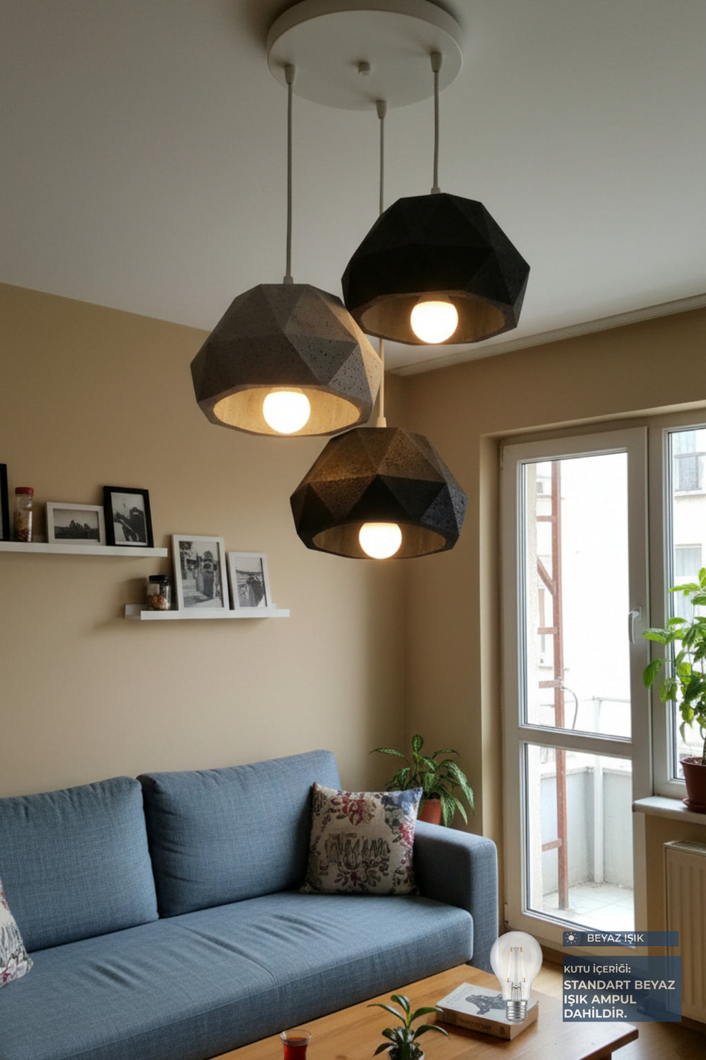 Siyah & Gri 3 Lü Geometrik Avize Salon PLA Dayanıklı Dekoratif Sarkıt Aydınlatma Ayarlanabilir Kablo