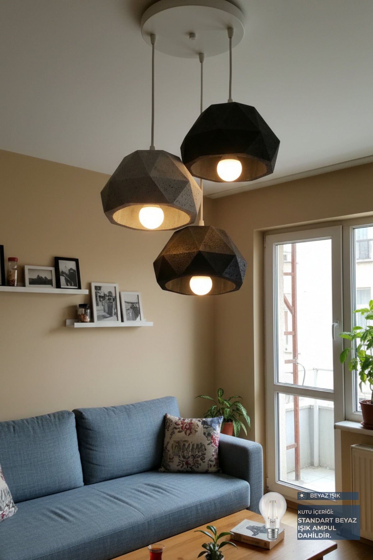 Siyah & Gri 3 Lü Geometrik Avize Salon PLA Dayanıklı Dekoratif Sarkıt Aydınlatma Ayarlanabilir Kablo