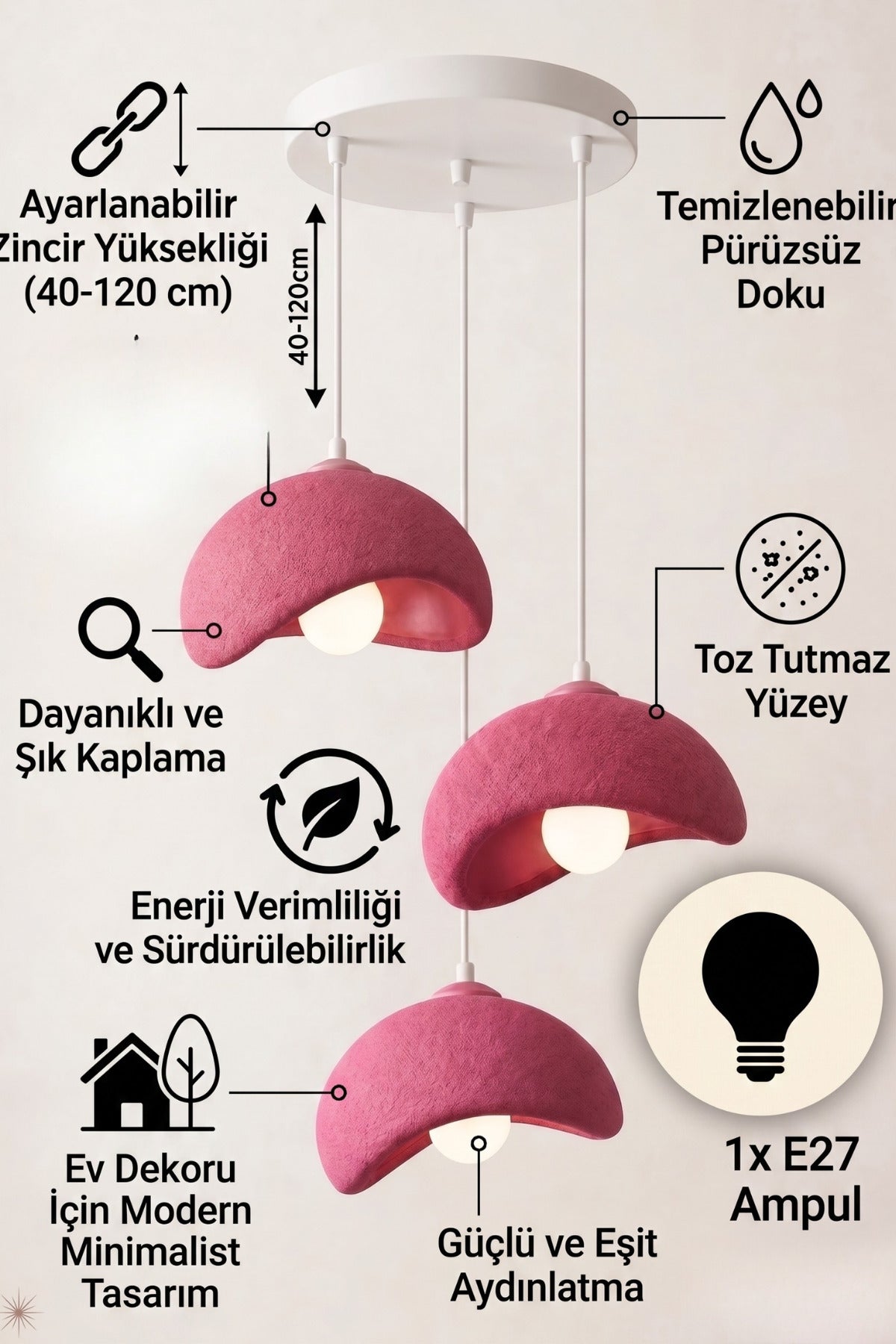 Beton Görünümlü 3 lü Dekoratif Sarkıt Avize 30x22 cm PLA Modern Ev Aydınlatması