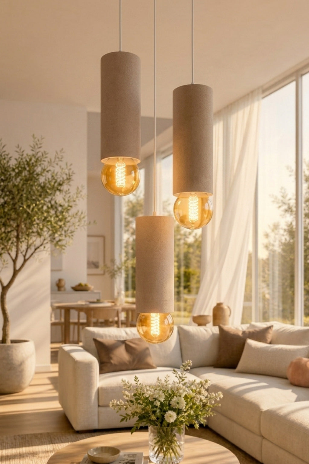 Boru Formlu Beton Görünümlü 3’lü Sarkıt Avize 22-25 cm PLA Modern Dekoratif Aydınlatma