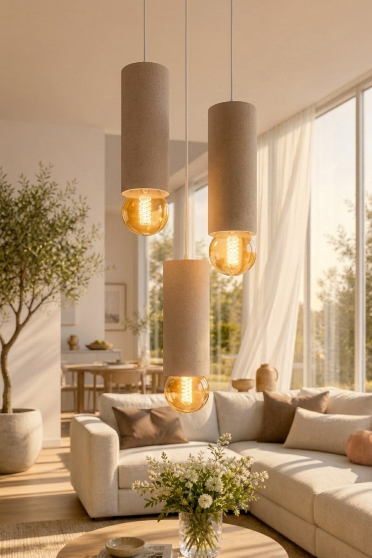 Boru Formlu Beton Görünümlü 3’lü Sarkıt Avize 22-25 cm PLA Modern Dekoratif Aydınlatma