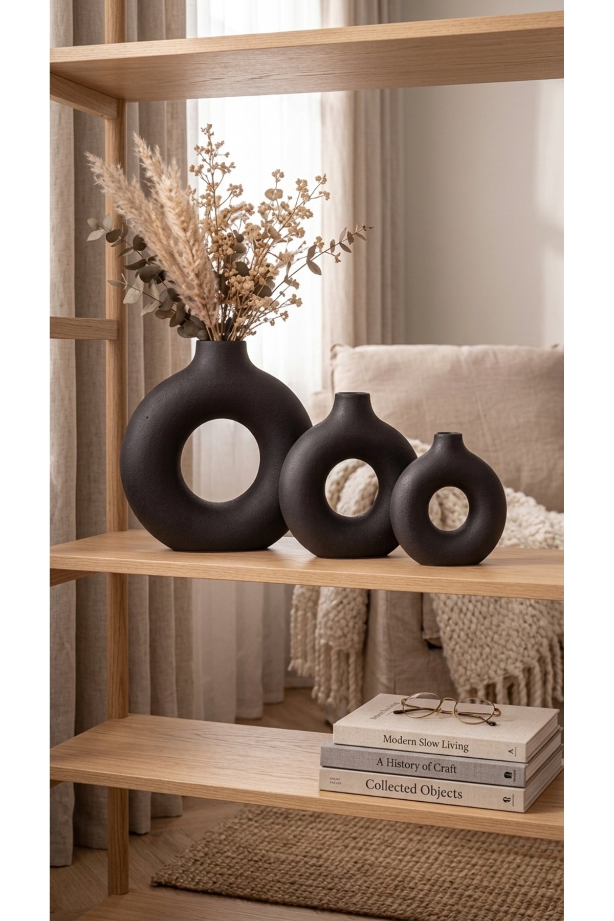 İskandinav Donut Tasarım 3'lü Dekoratif Vazo Seti 10-15-19 cm PLA Bio-Plastik Taş Dokulu Kuru Çiçeklik ve Modern Salon Dekoru - Görsel 5