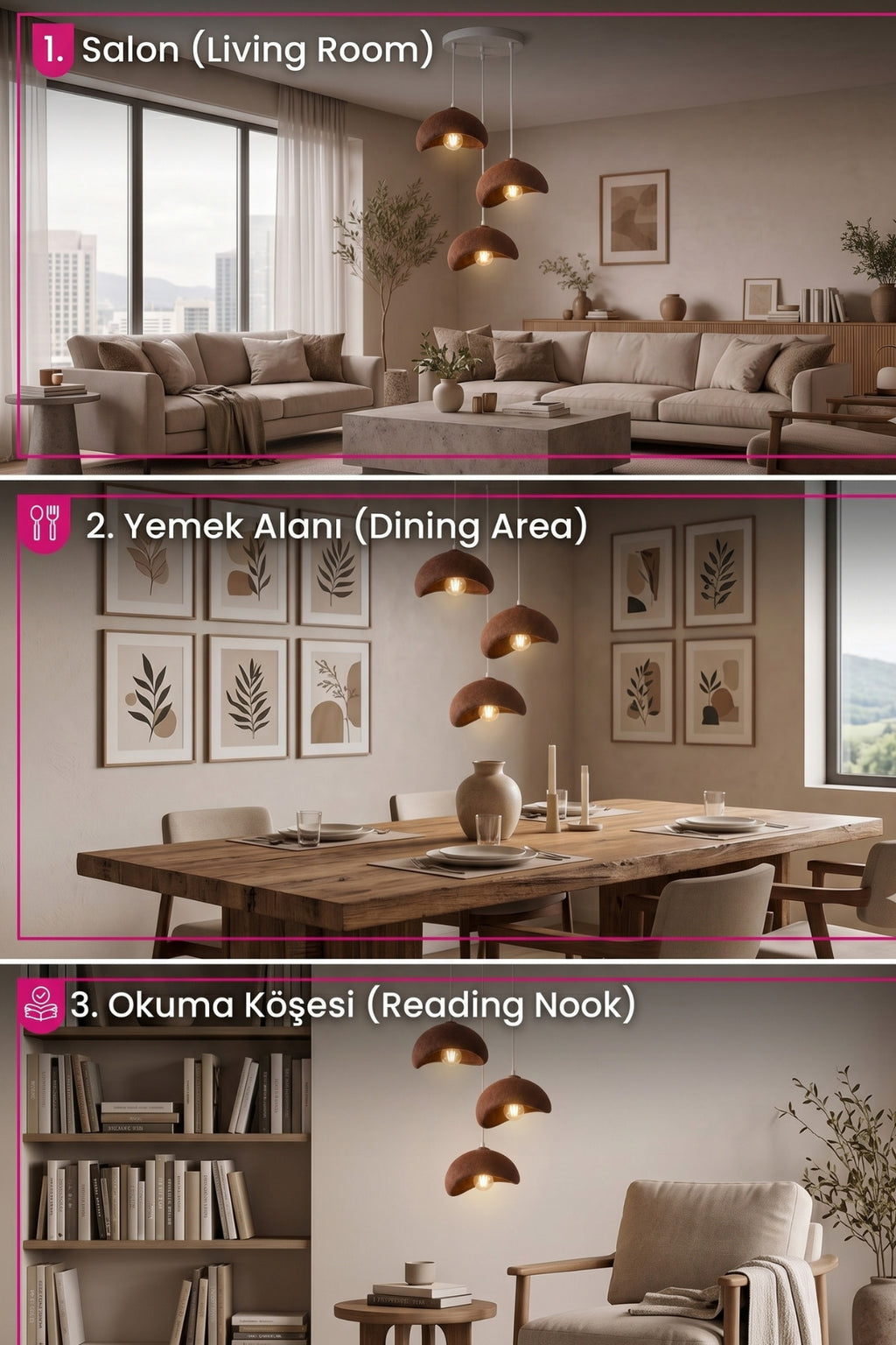 Beton Görünümlü 3 lü Dekoratif Sarkıt Avize 30x22 cm PLA Modern Ev Aydınlatması