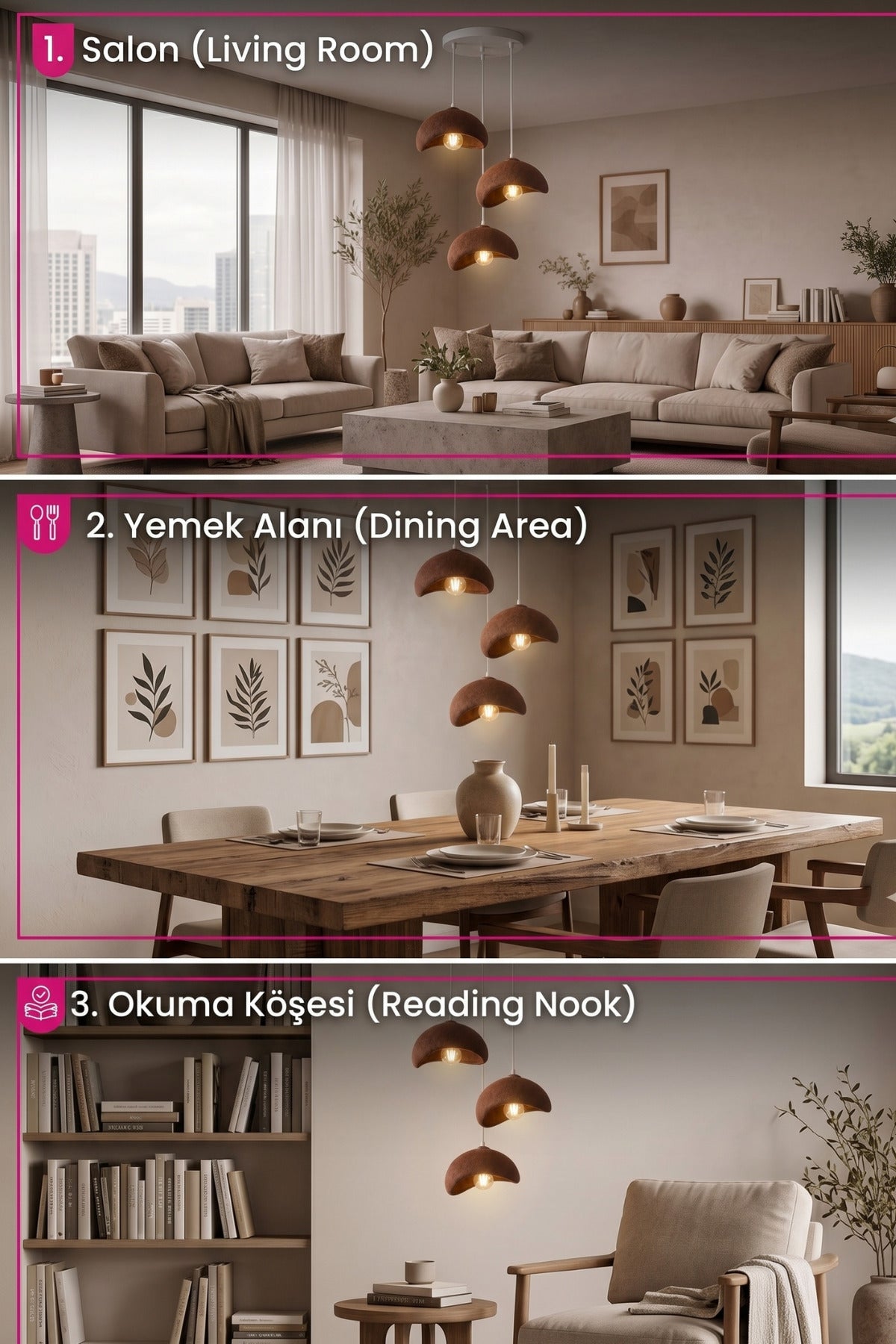 Beton Görünümlü 3 lü Dekoratif Sarkıt Avize 30x22 cm PLA Modern Ev Aydınlatması