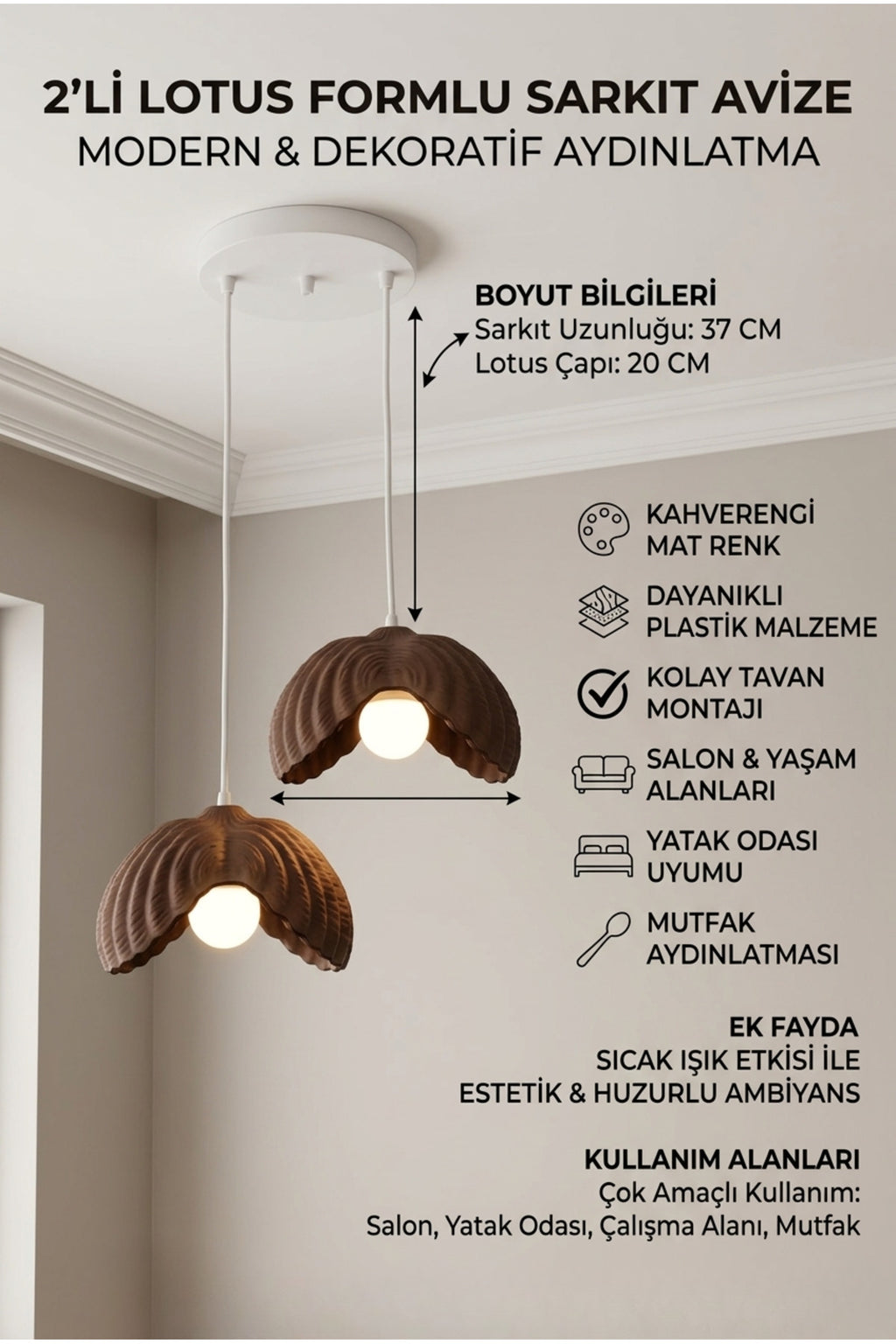 Kahverengi 2 li Lotus Formlu Avize Salon Plastik Dayanıklı Dekoratif Sarkıt Aydınlatma
