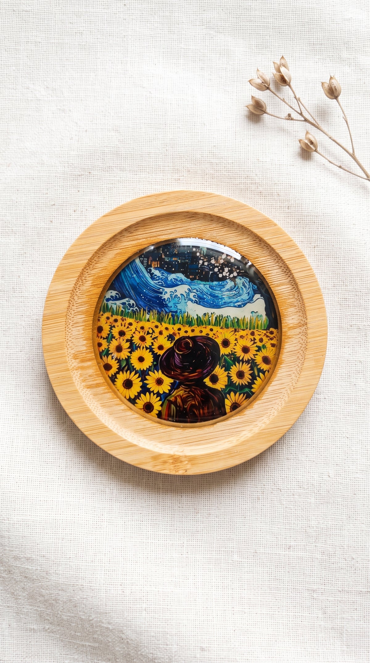 Van Gogh Temalı Epoksi Kaplama Doğal Ahşap Bardak Altlığı Seti (4'lü Set - 10 cm) | Yıldızlı Gece ve Ayçiçekleri Hediyelik Fincan Altlığı