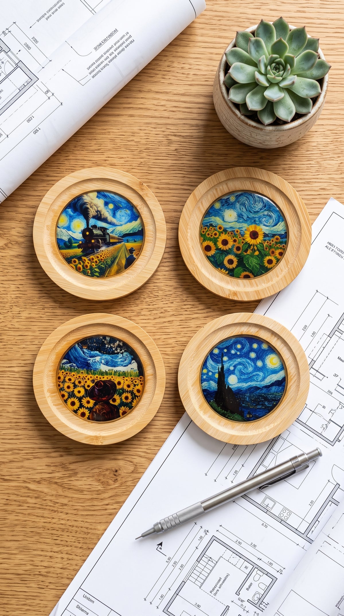 Van Gogh Temalı Epoksi Kaplama Doğal Ahşap Bardak Altlığı Seti (4'lü Set - 10 cm) | Yıldızlı Gece ve Ayçiçekleri Hediyelik Fincan Altlığı