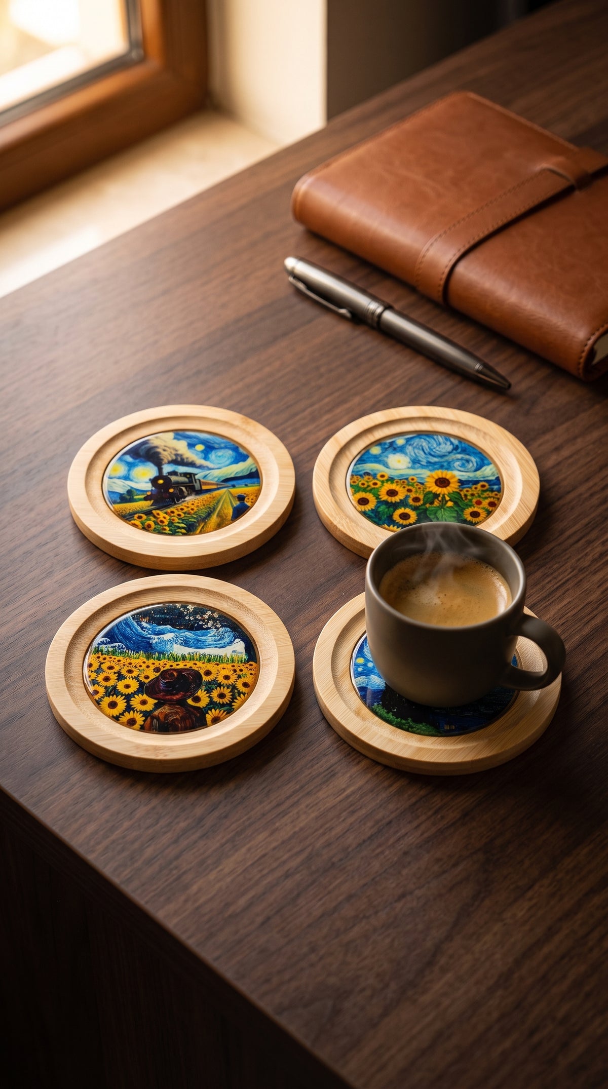 Van Gogh Temalı Epoksi Kaplama Doğal Ahşap Bardak Altlığı Seti (4'lü Set - 10 cm) | Yıldızlı Gece ve Ayçiçekleri Hediyelik Fincan Altlığı