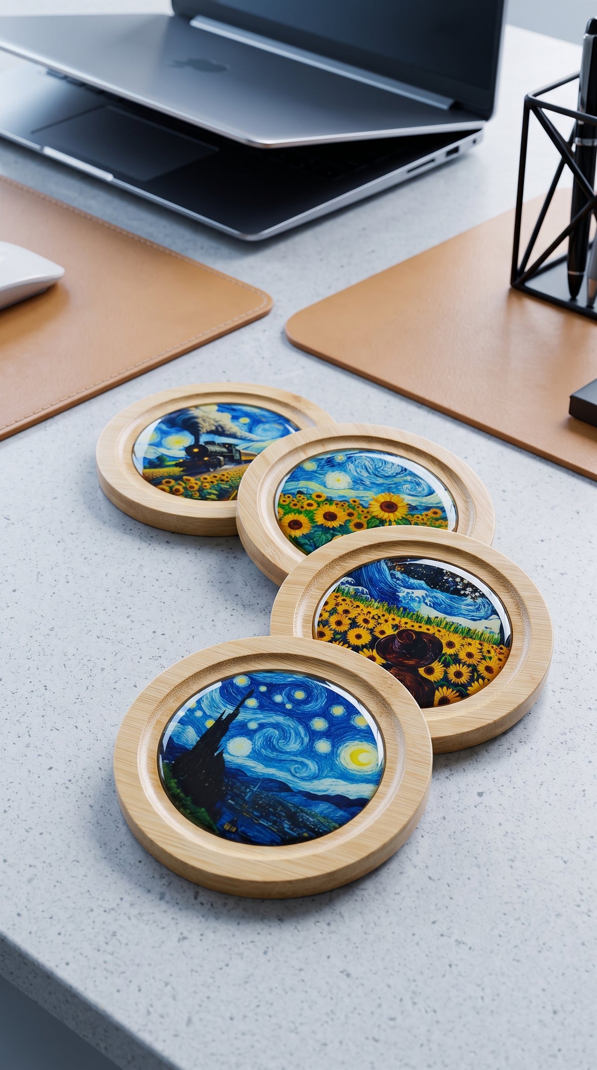 Van Gogh Temalı Epoksi Kaplama Doğal Ahşap Bardak Altlığı Seti (4'lü Set - 10 cm) | Yıldızlı Gece ve Ayçiçekleri Hediyelik Fincan Altlığı