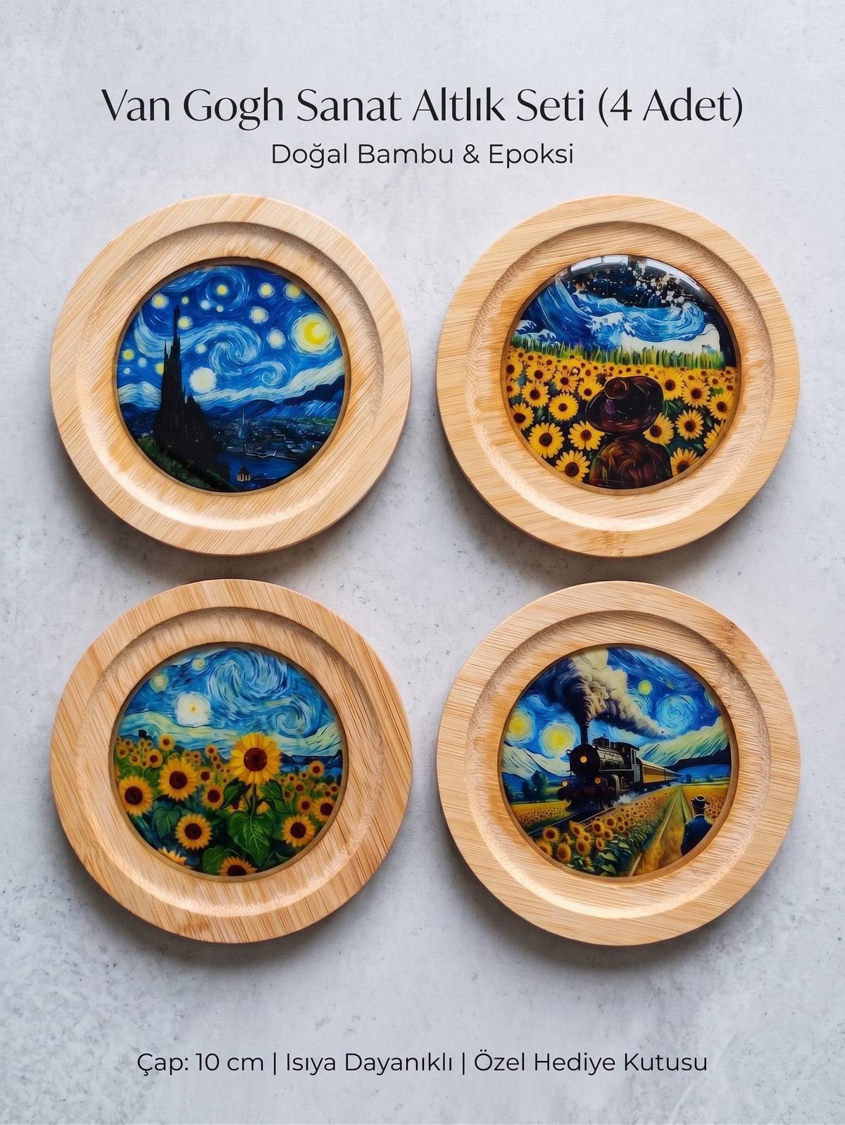 Van Gogh Temalı Epoksi Kaplama Doğal Ahşap Bardak Altlığı Seti (4'lü Set - 10 cm) | Yıldızlı Gece ve Ayçiçekleri Hediyelik Fincan Altlığı