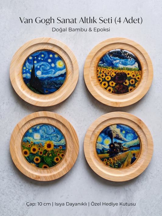Van Gogh Temalı Epoksi Kaplama Doğal Ahşap Bardak Altlığı Seti (4'lü Set - 10 cm) | Yıldızlı Gece ve Ayçiçekleri Hediyelik Fincan Altlığı