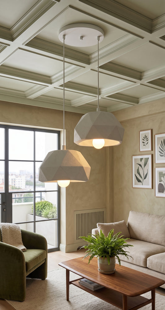 Beyaz 2 Li Geometrik Avize Salon PLA Dayanıklı Dekoratif Sarkıt Aydınlatma Ayarlanabilir Kablo