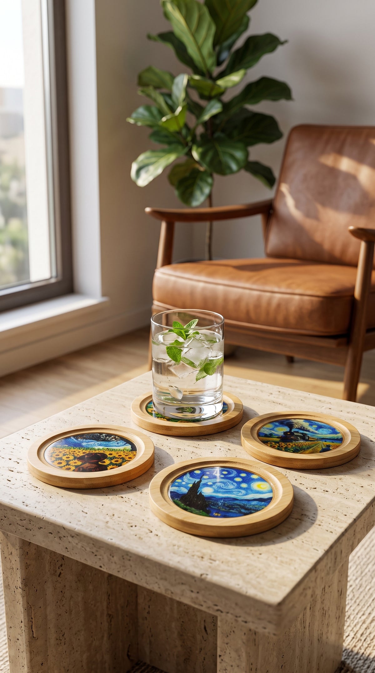 Van Gogh Temalı Epoksi Kaplama Doğal Ahşap Bardak Altlığı Seti (4'lü Set - 10 cm) | Yıldızlı Gece ve Ayçiçekleri Hediyelik Fincan Altlığı